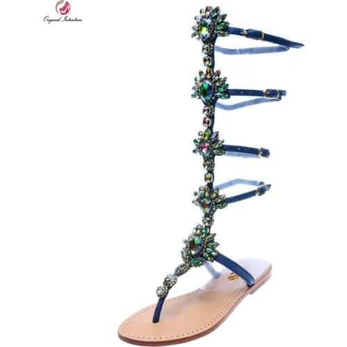 Original Intention Gorgeous Women Sandals Fashion Rhinestone Open Toe Sandals High-quality Blue Shoes Woman Plus US Size 4-15