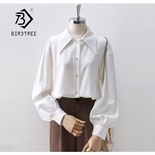 Autumn Women White Shirt Vintage Lantern Sleeve Satin Blouse Turn-Down Collar Elegant Office Wear Fall Spring Basic Tops T17604F