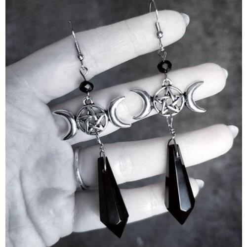 Pair of Triple Moon Glass Crystal Drop Earrings Black Crystal Earrings Occult Pagan Wicca,Wiccan Triple Moon Goddess Pendant
