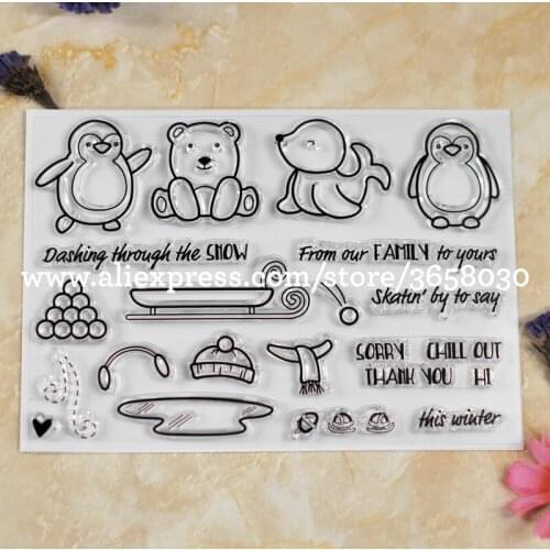 Penguin Bear this winter dashing through the SNOW Scrapbook DIY photo cards rubber stamp clear stamp transparent stamp 8052601