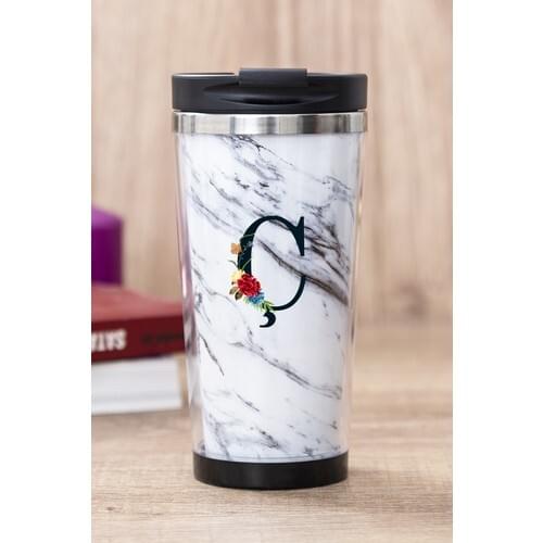 Gift Shop O Letter White Marble Thermos Cup