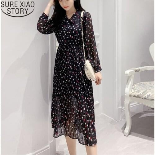High Waist Pleated Dress for Women A-line Chiffon Dress Women Vestidos Autumn Print Chic Long Sleeve Bow Midi Dresses 10771