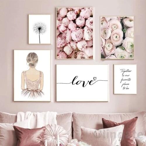 Scandinavian Flower Canvas Painting Poster Floral Print Wall Art Pink Rose Dandelion Love Nordic Picture Home Decoration Gift