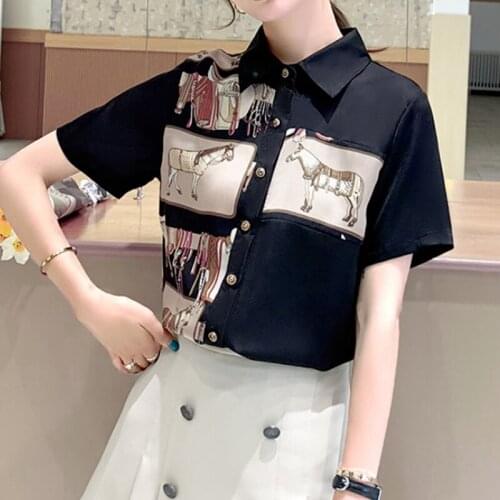 Work Style OL Blouse Summer New polo collar Women Chiffon shirt short sleeve animal horse printed top Fashion Office lady blouse