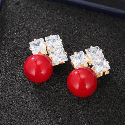 Round Imitation Pearl Earrings Dazzling Pink Crystal Earring For Women Engagement Wedding Elegant Accessories Fashion Jewelry