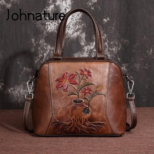 Johnature Retro Hand Painted Luxury Handbags 2020 New Leisure Genuine Leather Large Capacity Cowhide Shoulder & Crossbody Bags