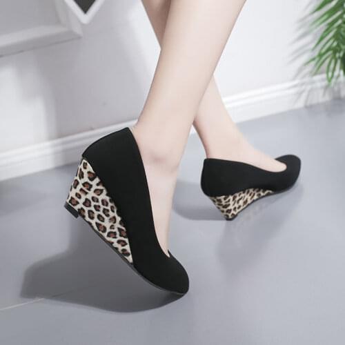 Leopard Wedges Shoe Woman,2021 Autumn Fashion High Heels,Round toe,Office Lady Casual Flock Work Shoes,BLACK,Dropshipping