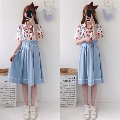 Summer Cute Womens Sweet Set Strawberry Short Sleeve Blouse Shirt & Blue Long Jumper Skirt Fresh Girl