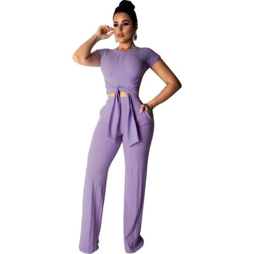 Women Knitted 2 Piece Suit Casual Tie Up Short Sleeve Top and Long Pant Wide Leg Bodysuit with Pockets Women Combinaison Femme
