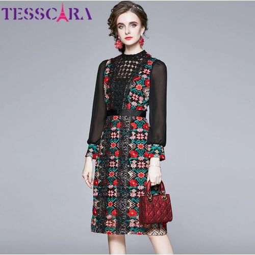 TESSCARA Women Luxury Embroidery Mesh Dress Festa High Quality Office Cocktail Party Robe Femme Vintage Floral Designer Vestidos