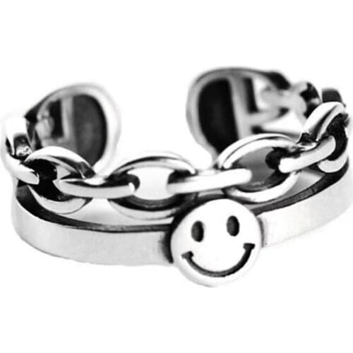 2021 Retro 20pcs silver ring for old craft smile face chain opening double layer men and womens adjustable ring wholesale