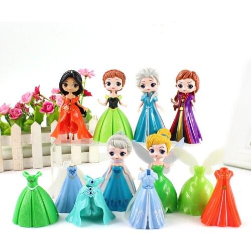 6pcs/set 7-11cm Qposket Disney Princess Tinker Bell Mermaid Elsa Anna Tangled Clothes Changeable PVC Model Figure Toys