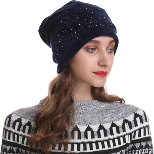 Brand Womens Rhinestone Slouchy Beanie Hat Casual Autumn Winter Velvet Hat For Women Bonnet Female Skull Beanies