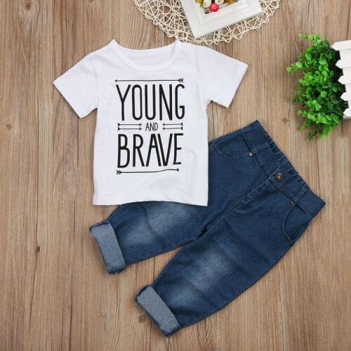 Baby Boys Clothes Suits Boys Clothing Sets Short Sleeve Print T- Shirt Jeans Pants Casual Two Piece Set Toddler Clothing Suit