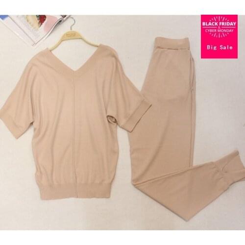 Fashion brand Winter thin cooton and silk Knitted warm Suit V-neck Sweater + cotton silk Trousers Leisure Two-piece wj1277