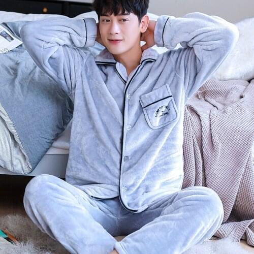 H5913 Youth Pajamas Set Men Thickened Flannel Warm Sleepwear Autumn Winter Male Long Sleeves Large Size Thermal Home Clothing
