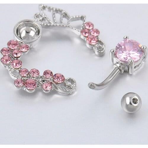New Stainless Steel Pink Buttlerfly Zircon Rhinestone Crystal Belly Button Ring Tassel Dangle Navel Body Jewelry Piercings