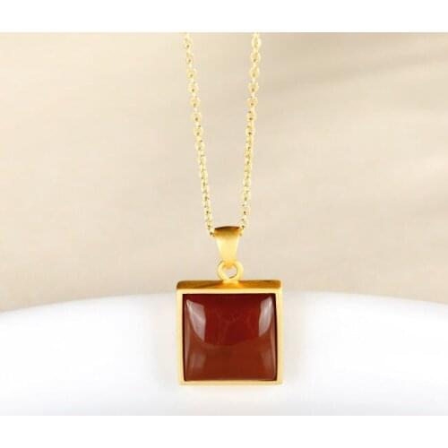 Natural South Red Agate Pendant Necklace S925 Sterling Silver Pendant Square Geometric Internet Celebrity Same Clavicle Necklace