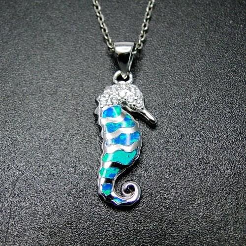 925 Sterling Silver Jewelry Seahorse Opal Pendant Necklace For Aniversary Engagement Birthday Party Gift