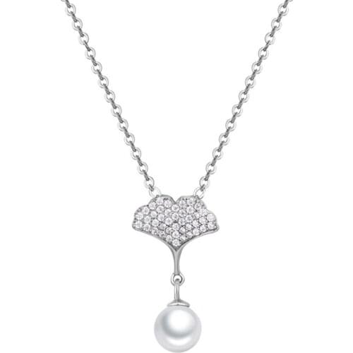 SILVERHOO 925 Sterling Silver Pearl Necklace For Women Full Cubic Zirconia Apricot Leaf Pendant Necklaces Anniversary Jewelry