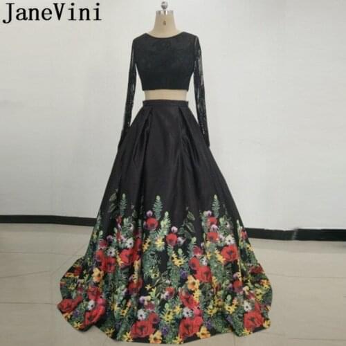 JaneVini Real Photos Saudi Arabia Black Formal Dress Long Sleeve 2 Pieces Floral Bridesmaid Dresses Long Plus Size Prom Gowns