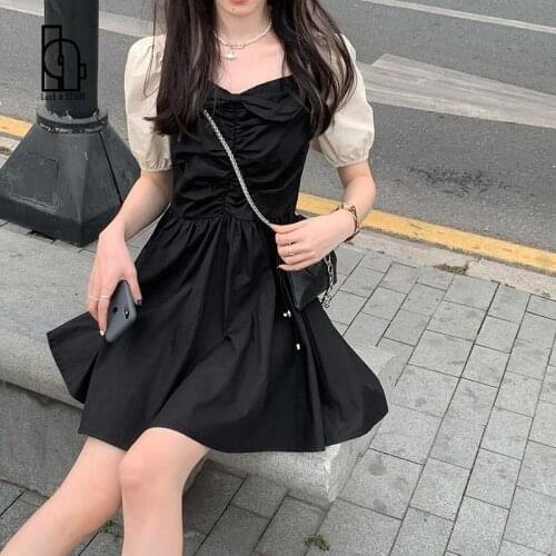 Sweet Kawaii Puff Sleeve Square Collar Women Dresses Female Elegant Mini Folds Ball Gown Summer Holiday beach dress