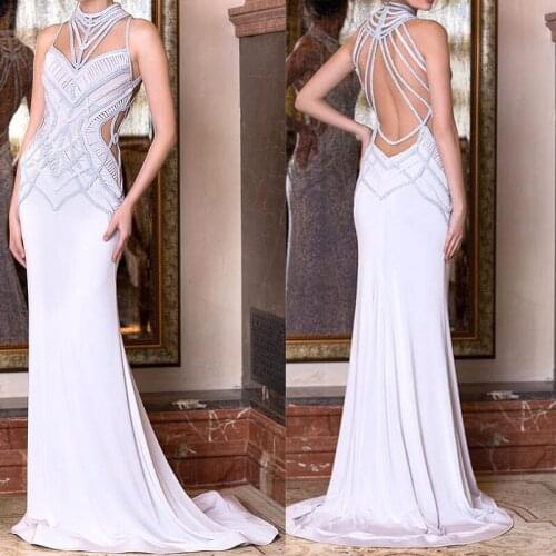 Amazing designed knitting illusion neckline long evening dress for special evening out or proms in sky blue color