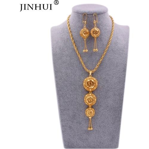 Dubai 24K Gold plated Round Jewelry sets Necklace Pendant Earrings set for women African France wedding jewelery bridal gifts