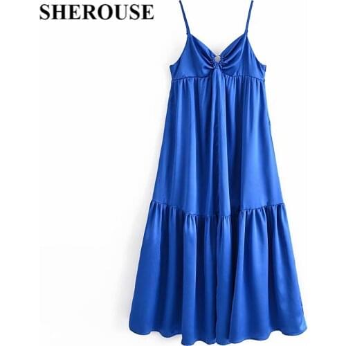 SHEROUSE 2021 Women Fashion Solid Pleated Midi Dress Thin Straps V-Neck Backless Vintage Female Dresses Robe Femme