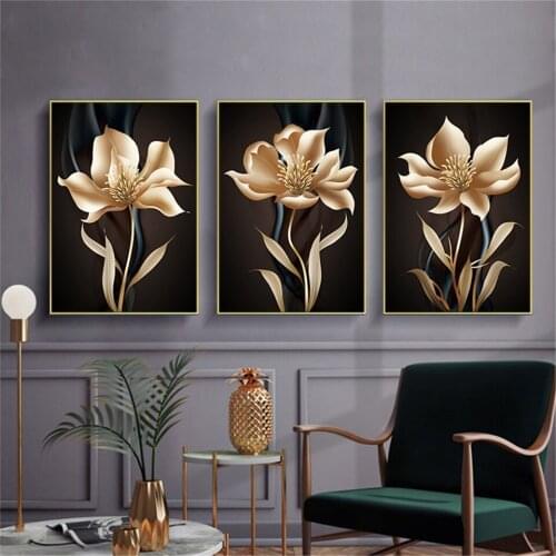 Modern Plant Golden Flower Leaf Canvas Painting Posters and Prints Leaves Modern Art Aisle for Living Room Bedroom Decoration