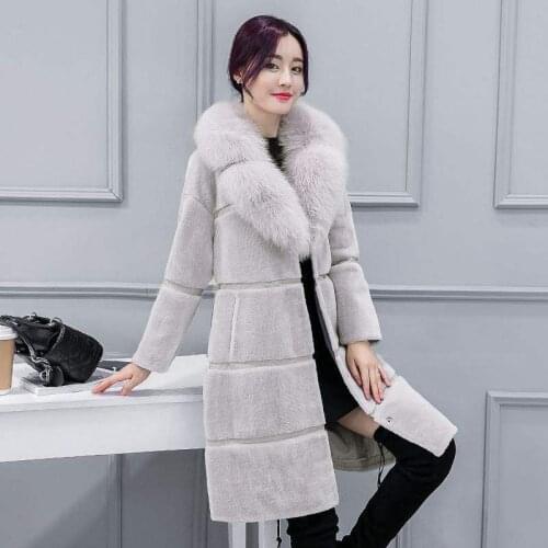 Mid-Length Sheep Sheared Fur Coat Women 2020 Korean Style Winter Spliced Fur Outwear Faux Fox Fur Collar Pocket Coat Female B20