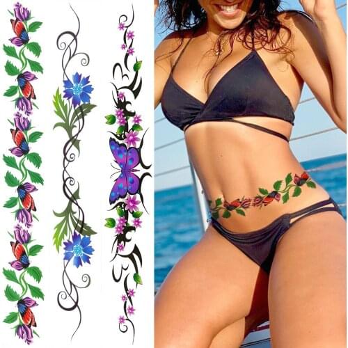 Long Butterfly Flower Temporary Tattoos Sticker For Women Girls Realistic Fake Thorns Tattoo DIY Body Art Waist Tatoos Decal 3D