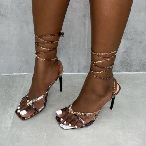 Female Sandal High Heel Sandals 2020 Womens Strappy Heels Cross Large Size Cross-shoes Ladies Shoes Summer snakeskin Woman For