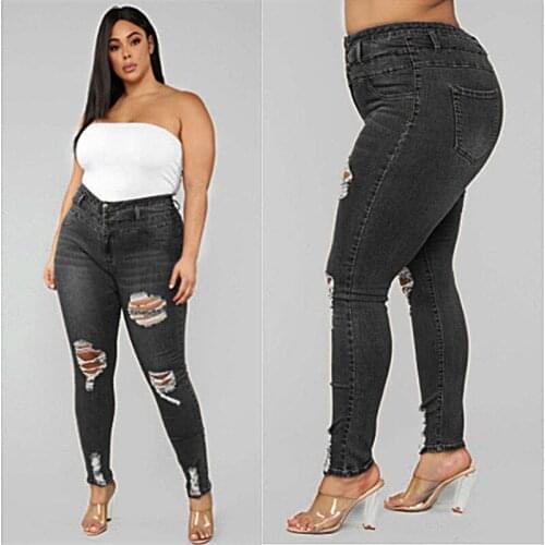 Womens Plus size jeans Black and blue high waist ripped jeans Fashion casual skinny denim pencil pants L-5XL drop shipping