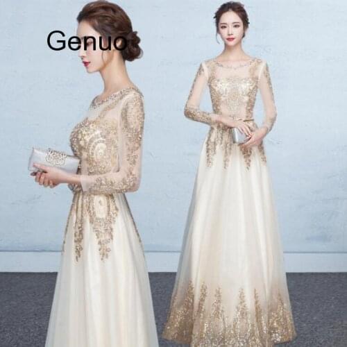 New Women Dress O-Neck Lace Sequins Champagne Gold Fomal Dress Long Vestido Madrinha Plus Size Vestido Boda Mujer Invitada