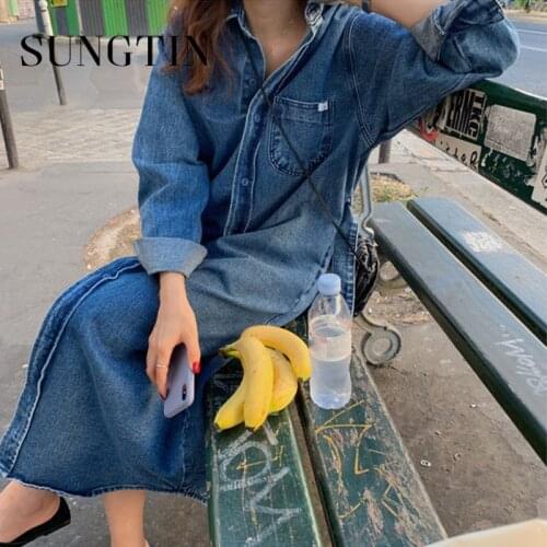 Sungtin Loose Vintage Denim Dress Women with Belt Chic Single Breasted Full Sleeve Women Pockets Jeans Dress Female 2021 Korean