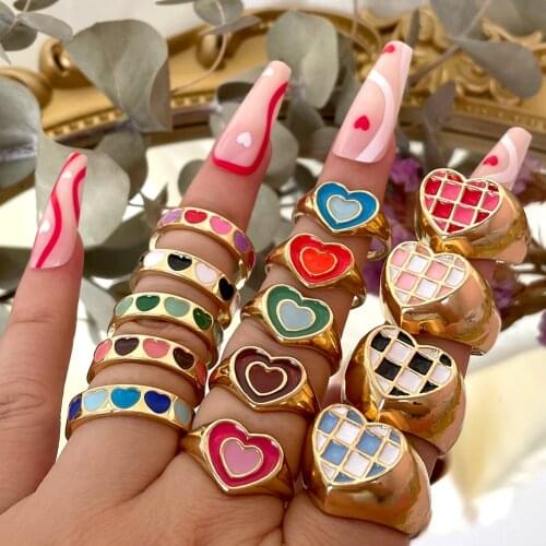 JUST FEEL New Ins Creative Simple Colorful Love Heart Rings For Women Romantic Heart Enamel Yin Yang Rings Female Trendy Jewelry