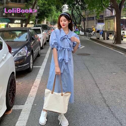 Lolibook Preppy Style Sweet Girly Dress Womens Kawaii Loose Single-Breasted Dress Vintage Bow Puff Sleeve Shirt Dress Long Dress