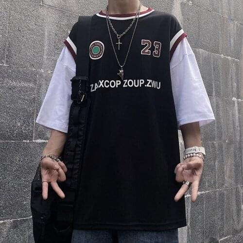 2021 Summer Harajuku Patchwork Fake Two Pieces T shirts O-Neck All-Match Hit Color Short Slevees Clothes Hip Hop Men Streetwear
