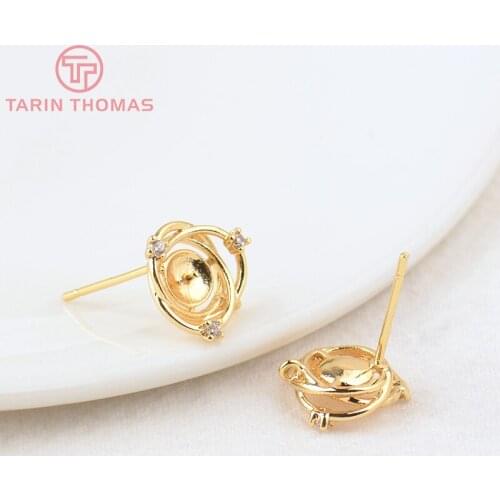 6PCS 11MM Hole 0.8MM 24K Gold Color Brass with Zircon Flower Stud Earrings High Quality Diy Jewelry Findings Accessories