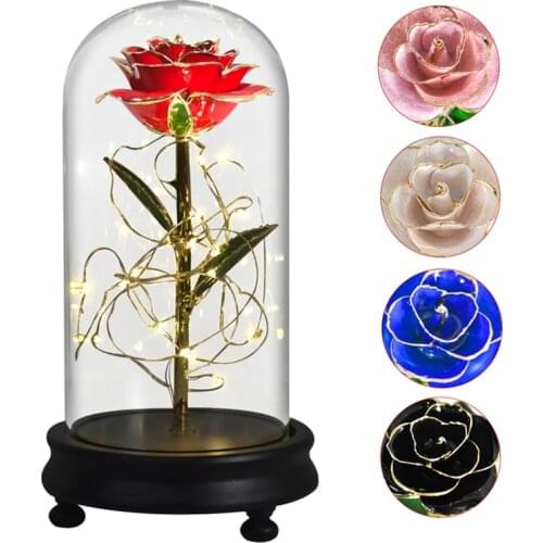24K Gold Dipped Rose In Glass Dome Artificial Flower LED Lighted Night Lamp Wedding Birthday Valentine Mothers Gift for Her Girl