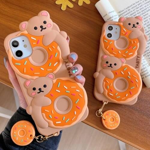 3D Cute Cartoon Tasty Donuts Bear Case for iPhone 12 Pro Max 11 Pro XS Max 7 8 Plus SE 2020 Key Ring Pendant Soft Back Cover