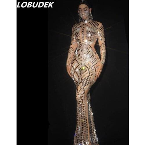 Sparkly Silver Sequins Elastic Transparent Mesh Long Dress Women Birthday Celebrate Rhinestones Mirror Dresses Singer Stage Wear