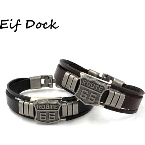 Eif Dock Trendy Leather Bracelet with California Route 66 Road Sign Motorcycle Biker Rider Black Bangles Males Jewelry Dropship