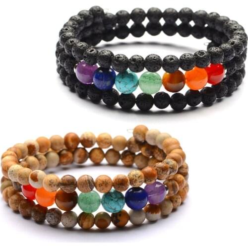 HFANCYW 6mm Natural Black Volcanic Stone Picture Stone Bracelet 8mm 7 Chakra Yoga Mediation Steel Wire Wrap Bracelet Wholesale