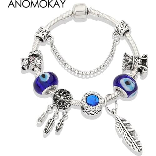 2019 Classic Simple Style Silver Plated Dream Catcher Diy Bead Bracelet Royal Blue Crystal Leaf Casual Charm Bracelets & Bangles