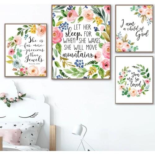 Floral Posters Watercolor Art Canvas Prints , Christian Art God Quote Painting Pink Bible Verse Picture Baby Room Wall Art Decor