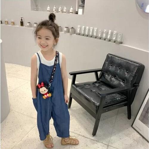 Summer New Childrens Overalls 3 4 5 6 7 8 Y Baby Girls Solid Denim Jumpsuits Kids Casual Loose Denim Pants Overalls For Girls