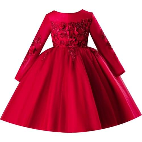 Baby Girls Party Dress Elegant Long Sleeve Red Appliques Infant Evening Wedding Birthday Dress Kids Dresses For Baptism Pageant