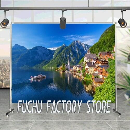 Blue Sky White Clouds Mountain Lake Town Scenery Travel Picture Background Studio Photography Photo Cloth Can Be Customized